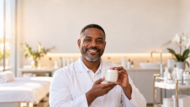 Profissional de estética sorrindo, com jaleco branco, segurando um frasco de cosmético sem rótulo, em uma clínica de estética clara e sofisticada