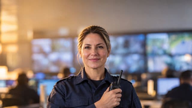 Profissional de segurança pública sorrindo, com farda azul-escura sem brasões, segurando um rádio comunicador, em uma central de monitoramento com telas