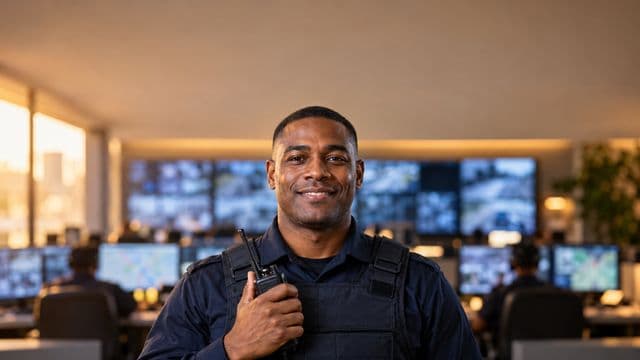 Profissional de segurança pública sorrindo, com farda azul-escura sem brasões, segurando um rádio comunicador, em uma central de monitoramento com telas