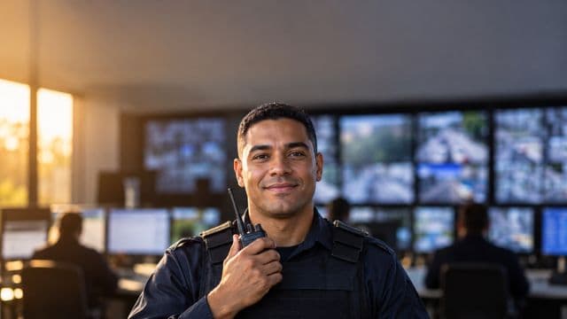 Profissional de segurança pública sorrindo, com farda azul-escura sem brasões, segurando um rádio comunicador, em uma central de monitoramento com telas