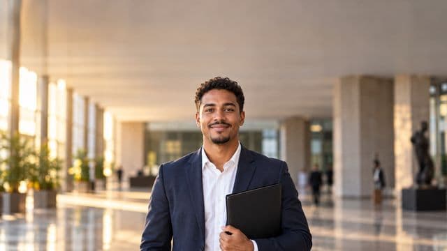 Servidor público sorrindo, com blazer azul-marinho sobre camisa branca, segurando uma pasta, em o saguão amplo de um prédio público moderno