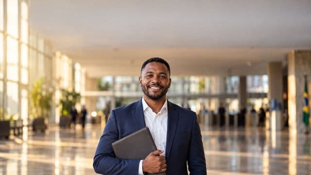 Servidor público sorrindo, com blazer azul-marinho sobre camisa branca, segurando uma pasta, em o saguão amplo de um prédio público moderno