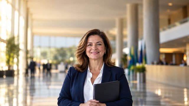 Servidora pública sorrindo, com blazer azul-marinho sobre camisa branca, segurando uma pasta, em o saguão amplo de um prédio público moderno