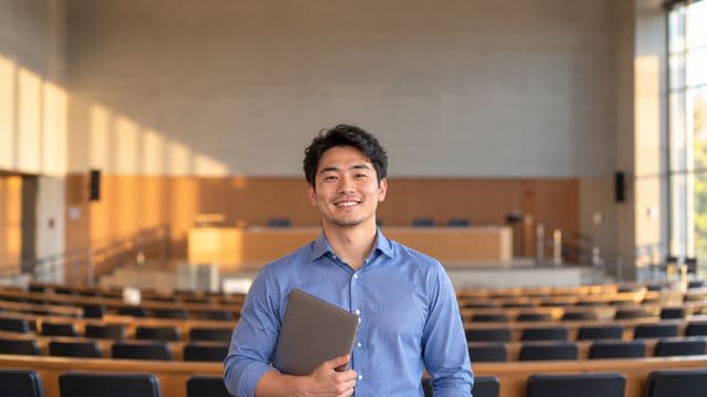 Professor universitário sorrindo, com camisa social azul, segurando um notebook, em um auditório universitário moderno