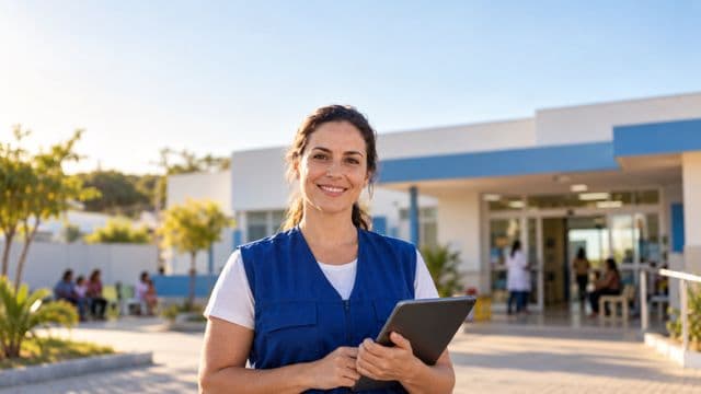 Agente de saúde pública sorrindo, com colete azul de equipe de saúde sobre camisa branca, segurando um tablet, em uma unidade básica de saúde moderna