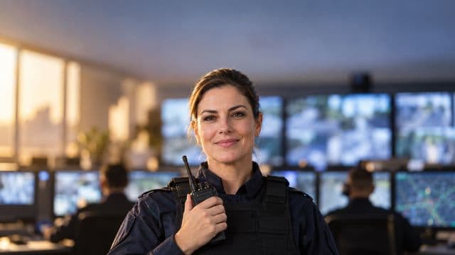 Profissional de segurança pública sorrindo, com farda azul-escura sem brasões, segurando um rádio comunicador, em uma central de monitoramento com telas
