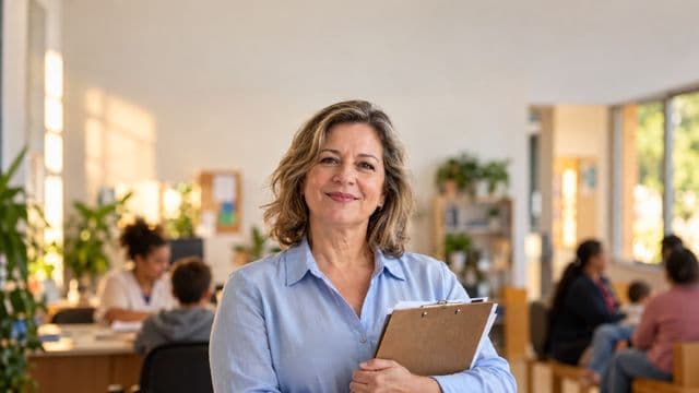 Assistente social sorrindo, com camisa azul-clara, segurando uma prancheta, em um centro de assistência social claro e acolhedor