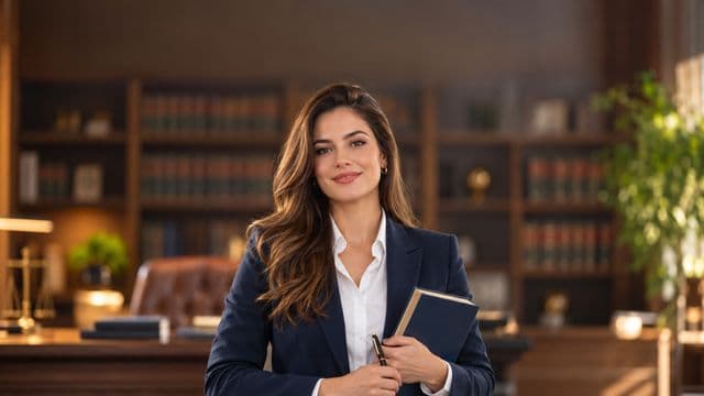Advogada sorrindo, com terno azul-marinho e camisa branca, segurando um livro de capa lisa e uma caneta, em um escritório de advocacia elegante com estantes de livros