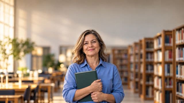 Professora de ciências humanas sorrindo, com camisa social azul, segurando um livro de capa lisa, em uma biblioteca universitária com estantes