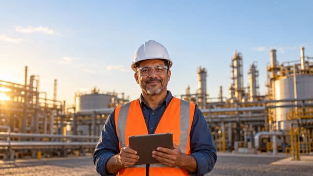Engenheiro industrial sorrindo, com capacete branco, óculos de proteção e colete laranja, segurando um tablet, em uma planta industrial com tubulações