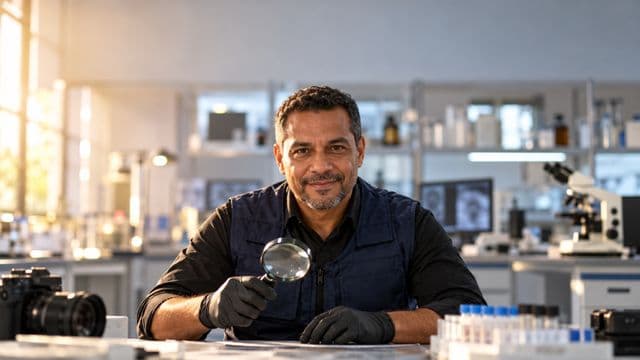 Perito criminal sorrindo, com colete azul-escuro de perícia sobre camisa preta e luvas, segurando uma lupa, em um laboratório de perícia forense