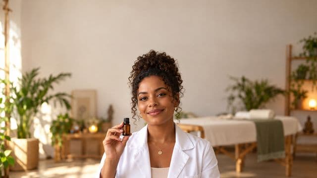 Terapeuta integrativa sorrindo, com jaleco branco, segurando um frasco de óleo essencial, em uma sala de terapia serena com maca e plantas