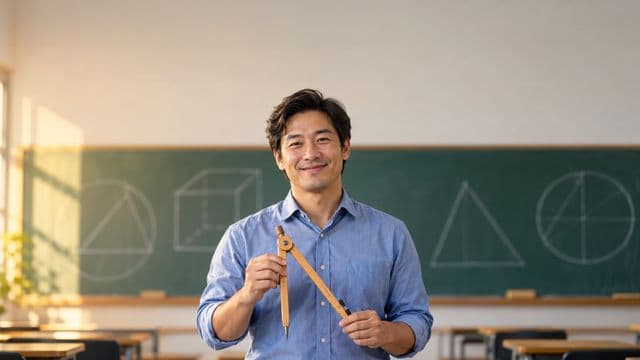 Professor de exatas sorrindo, com camisa social azul, segurando um compasso de madeira, em uma sala de aula com lousa coberta de formas geométricas