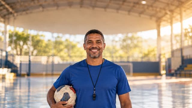 Profissional de educação física sorrindo, com camiseta esportiva azul e apito no pescoço, segurando uma bola, em uma quadra poliesportiva coberta e bem iluminada