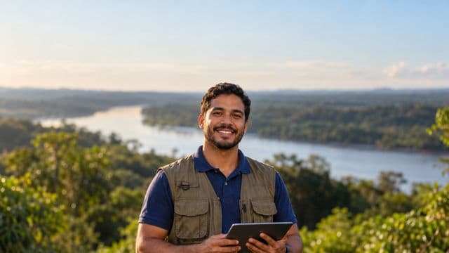 Gestor ambiental sorrindo, com camisa polo azul e colete de campo, segurando um tablet, em uma área de preservação com mata e um rio