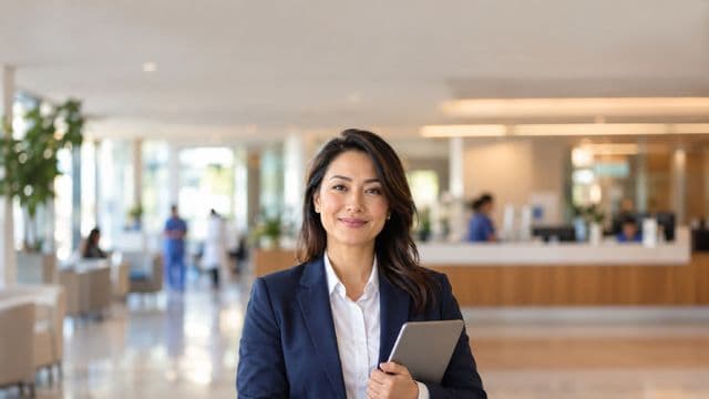 Gestora hospitalar sorrindo, com blazer azul-marinho sobre camisa branca, segurando um tablet, em a recepção de um hospital moderno