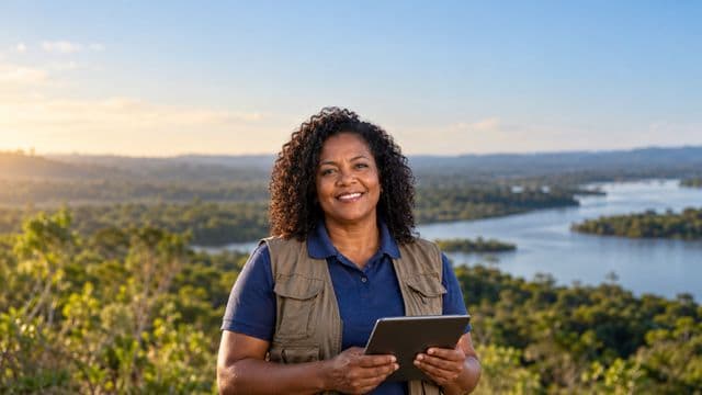Gestora ambiental sorrindo, com camisa polo azul e colete de campo, segurando um tablet, em uma área de preservação com mata e um rio