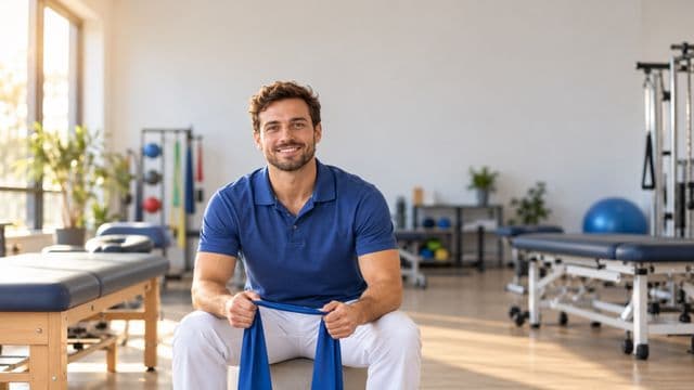 Fisioterapeuta sorrindo, com camisa polo azul e calça branca, segurando uma faixa elástica de exercício, em uma clínica de fisioterapia com macas e aparelhos