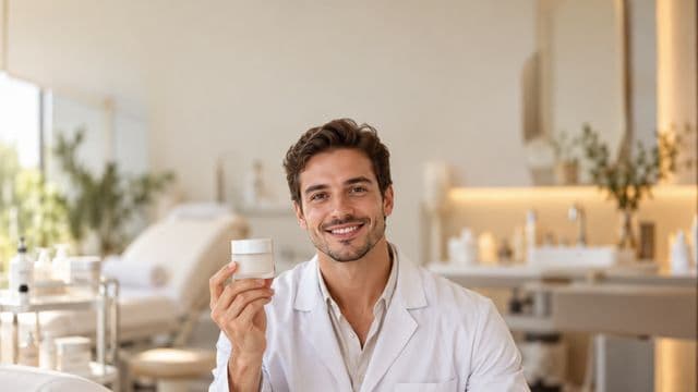 Profissional de estética sorrindo, com jaleco branco, segurando um frasco de cosmético sem rótulo, em uma clínica de estética clara e sofisticada