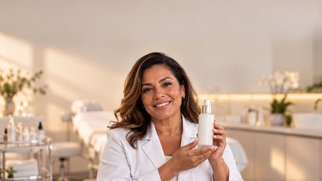 Profissional de estética sorrindo, com jaleco branco, segurando um frasco de cosmético sem rótulo, em uma clínica de estética clara e sofisticada