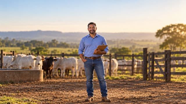 Médico veterinário sorrindo, com camisa azul de mangas compridas e botas, segurando uma prancheta, em uma fazenda com gado e cercas de madeira
