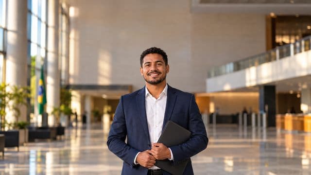 Servidor público sorrindo, com blazer azul-marinho sobre camisa branca, segurando uma pasta, em o saguão amplo de um prédio público moderno