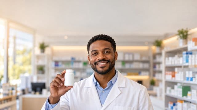 Farmacêutico sorrindo, com jaleco branco, segurando um frasco de medicamento sem rótulo legível, em uma farmácia moderna com prateleiras organizadas