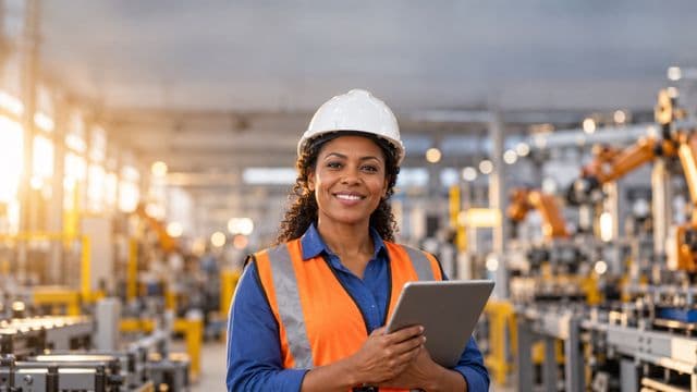 Engenheira de produção sorrindo, com capacete branco e colete laranja sobre camisa azul, segurando um tablet, em uma fábrica moderna com linha de produção e braços robóticos