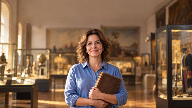Professora de história sorrindo, com camisa social azul, segurando um livro antigo de capa lisa, em um museu histórico com vitrines desfocadas