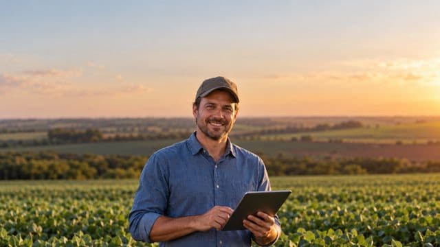 Engenheiro agrônomo sorrindo, com camisa azul de mangas compridas e boné, segurando um tablet, em uma plantação extensa no fim da tarde