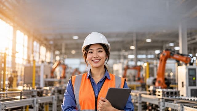 Engenheira de produção sorrindo, com capacete branco e colete laranja sobre camisa azul, segurando um tablet, em uma fábrica moderna com linha de produção e braços robóticos