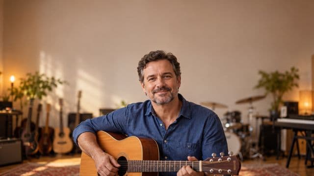 Professor de música sorrindo, com camisa casual azul, segurando um violão, em uma sala de música com instrumentos