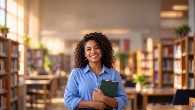 Professora de língua portuguesa sorrindo, com camisa social azul, segurando um livro de capa lisa, em uma biblioteca escolar com estantes