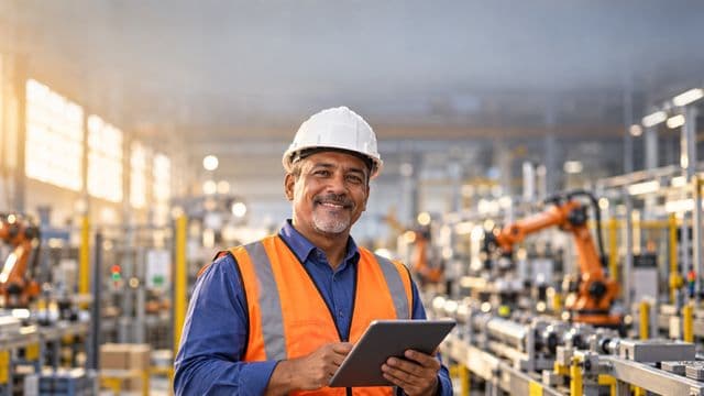 Engenheiro de produção sorrindo, com capacete branco e colete laranja sobre camisa azul, segurando um tablet, em uma fábrica moderna com linha de produção e braços robóticos