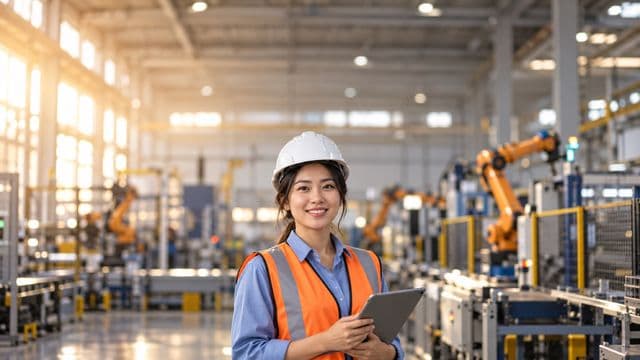 Engenheira de produção sorrindo, com capacete branco e colete laranja sobre camisa azul, segurando um tablet, em uma fábrica moderna com linha de produção e braços robóticos