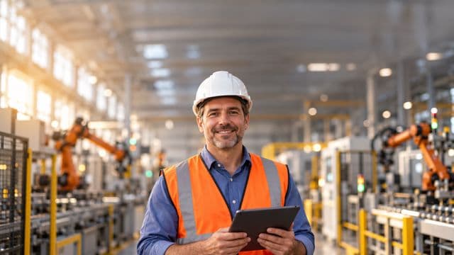 Engenheiro de produção sorrindo, com capacete branco e colete laranja sobre camisa azul, segurando um tablet, em uma fábrica moderna com linha de produção e braços robóticos