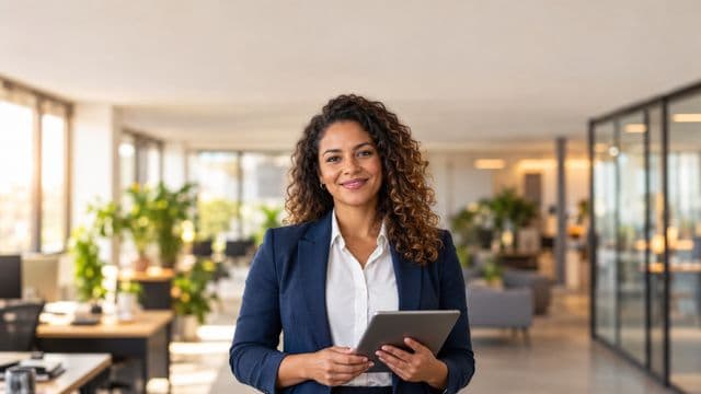 Profissional sorrindo, com blazer azul sobre camisa branca, segurando um tablet, em um escritório moderno e bem iluminado