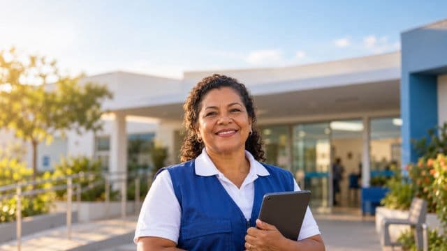 Agente de saúde pública sorrindo, com colete azul de equipe de saúde sobre camisa branca, segurando um tablet, em uma unidade básica de saúde moderna