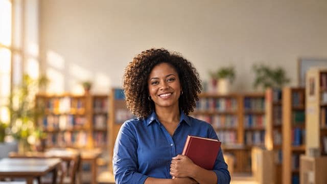 Professora de língua portuguesa sorrindo, com camisa social azul, segurando um livro de capa lisa, em uma biblioteca escolar com estantes