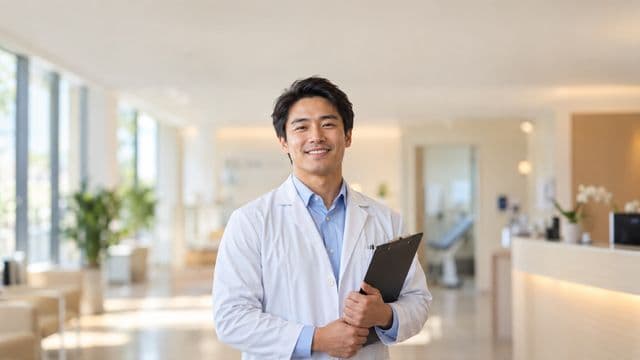 Profissional de saúde sorrindo, com jaleco branco sobre camisa azul-clara, segurando uma prancheta, em uma clínica moderna e bem iluminada