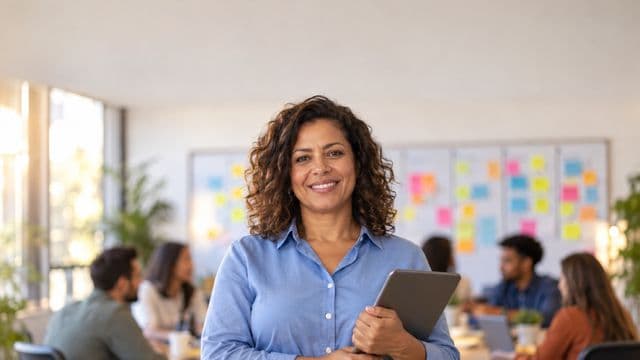 Gerente de projetos sorrindo, com camisa social azul, segurando um tablet, em uma sala de reunião com um quadro de tarefas cheio de post-its coloridos