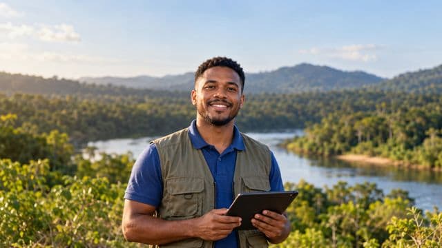 Gestor ambiental sorrindo, com camisa polo azul e colete de campo, segurando um tablet, em uma área de preservação com mata e um rio
