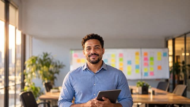 Gerente de projetos sorrindo, com camisa social azul, segurando um tablet, em uma sala de reunião com um quadro de tarefas cheio de post-its coloridos