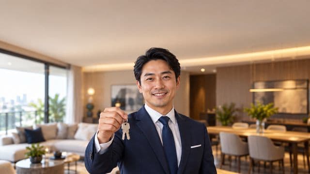 Corretor de imóveis sorrindo, com terno azul-marinho, segurando um molho de chaves, em a sala de um apartamento moderno e decorado
