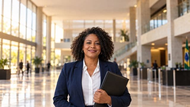 Servidora pública sorrindo, com blazer azul-marinho sobre camisa branca, segurando uma pasta, em o saguão amplo de um prédio público moderno