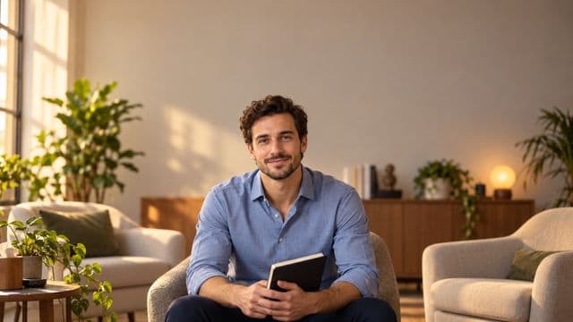 Psicólogo sorrindo, com camisa social azul, sem gravata, segurando um caderno de anotações, em um consultório de psicologia aconchegante com poltronas e plantas