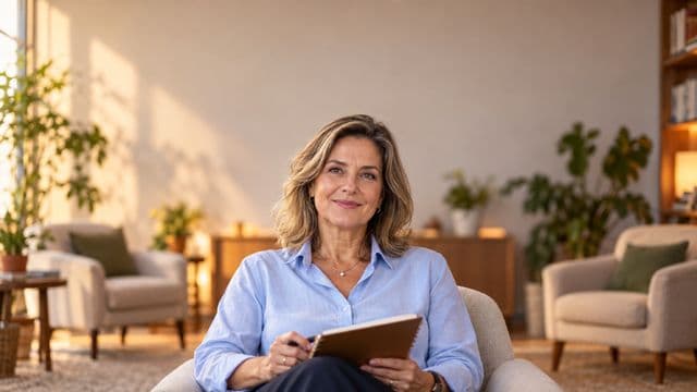 Psicóloga sorrindo, com camisa social azul, sem gravata, segurando um caderno de anotações, em um consultório de psicologia aconchegante com poltronas e plantas