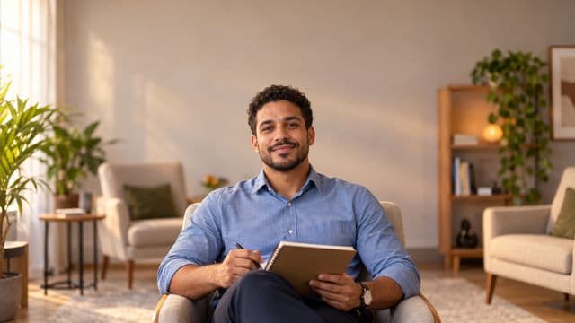 Psicólogo sorrindo, com camisa social azul, sem gravata, segurando um caderno de anotações, em um consultório de psicologia aconchegante com poltronas e plantas