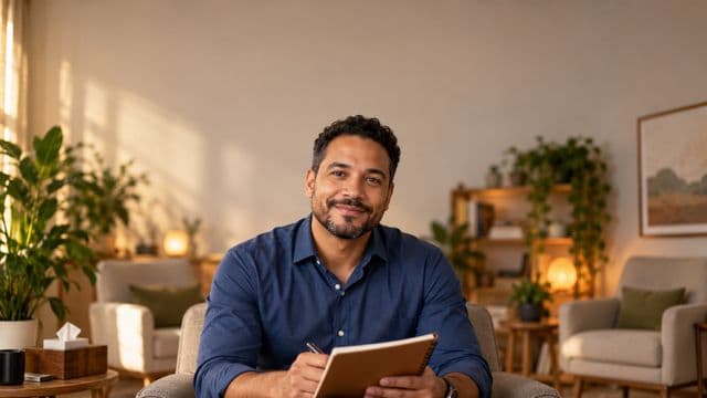 Psicólogo sorrindo, com camisa social azul, sem gravata, segurando um caderno de anotações, em um consultório de psicologia aconchegante com poltronas e plantas