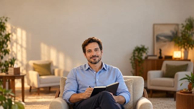 Psicólogo sorrindo, com camisa social azul, sem gravata, segurando um caderno de anotações, em um consultório de psicologia aconchegante com poltronas e plantas